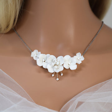 Ceramic White flower Flowers Pearl Jewelry Set, Bridal Hair piece, Bridal Hair Accessories, Wedding Hair Accessory.
